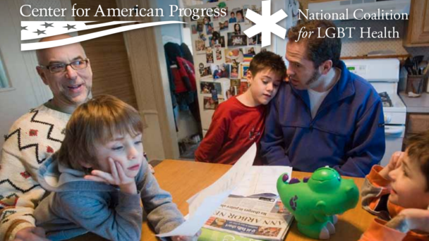 Cover from the Center for American Progress Report titled: Changing the Game - shows a family gathered around a kitchen table. There are two adult males and two young children. There's papers and toys on the table, and the kids are snuggling up to their dads.