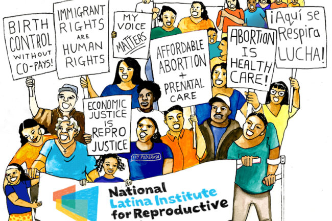 An illustration from the Latina Institute shows a group of Latin@/a/x gathered at a rally with a large collection of people holding signs that advocate for reproductive rights.