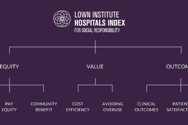 Diagram with the header, "Lown Institute Hospitals Index for Social Responsibility. Three sub-items, titled "Equity", "Value", and "Outcomes". Underneath "Equity" is "Pay Equity" and "Community Benefit". Underneath "Value" is "Cost Efficiency" and "Avoiding Overuse". Underneath "Outcomes" is "Clinical Outcomes" and "Patient Satisfaction.