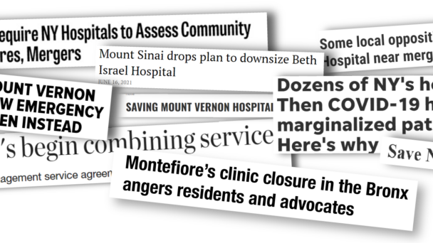 Graphic with a mix of newspaper headlines about hospital consolidations and clinic closures