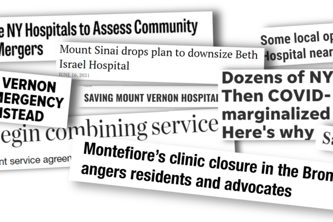 Graphic with a mix of newspaper headlines about hospital consolidations and clinic closures