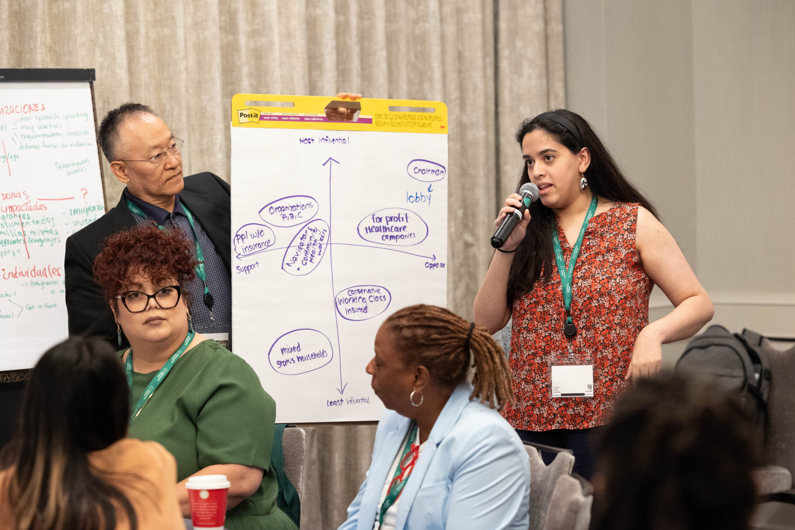 Two people speak into a microphone and lead a breakout session as part of the 2023 Vaccine Equity and Access program