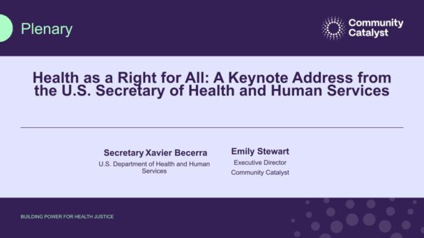 A purple slide that read the title of the session. The title of the session is "Plenary 3: Health as a Right for All: A Keynote Address with the U.S. Secretary of Health and Human Services Xavier Becerra."