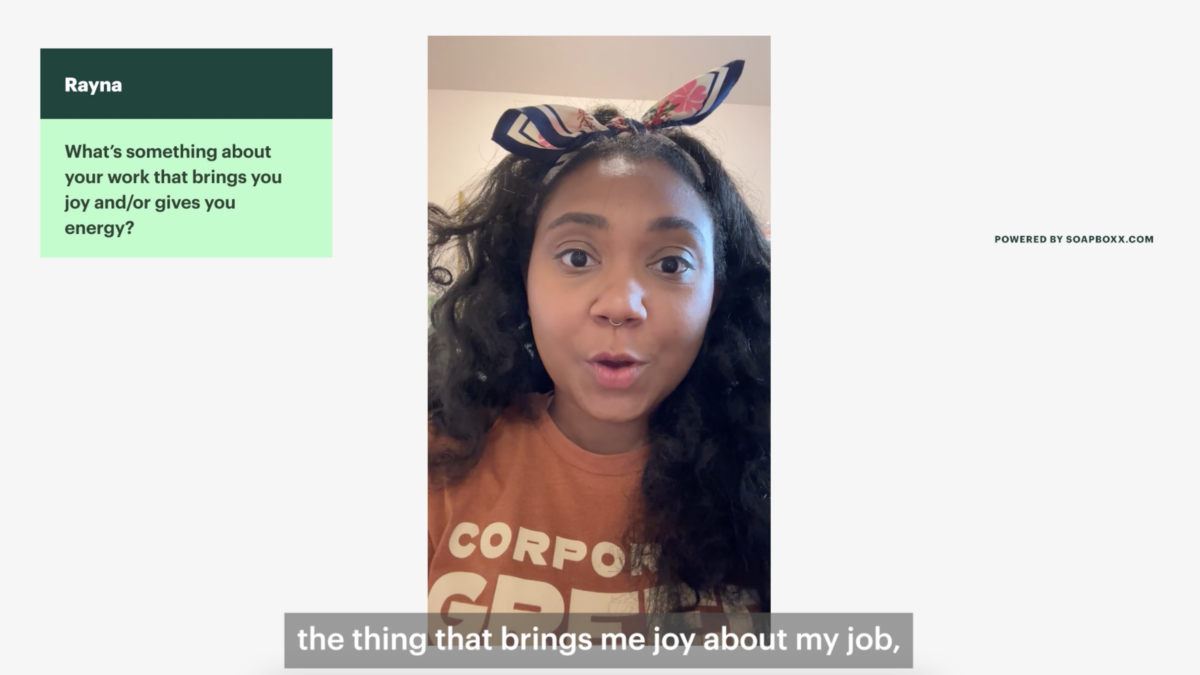 An advocate responds to the question "What's something about your work that brings you joy and/or gives you energy?" The advocate is wearing a bow and an orange shirt.