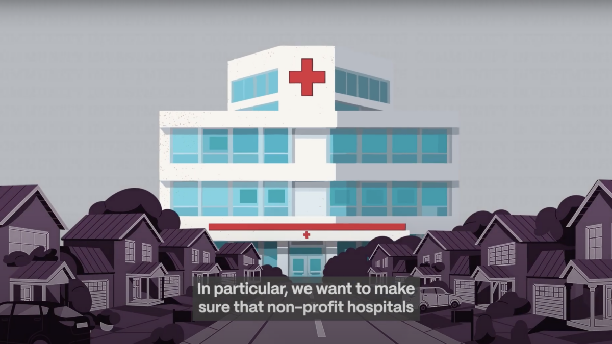 An animation of a hospital in the background of a neighborhood with houses lined on both sides of the street