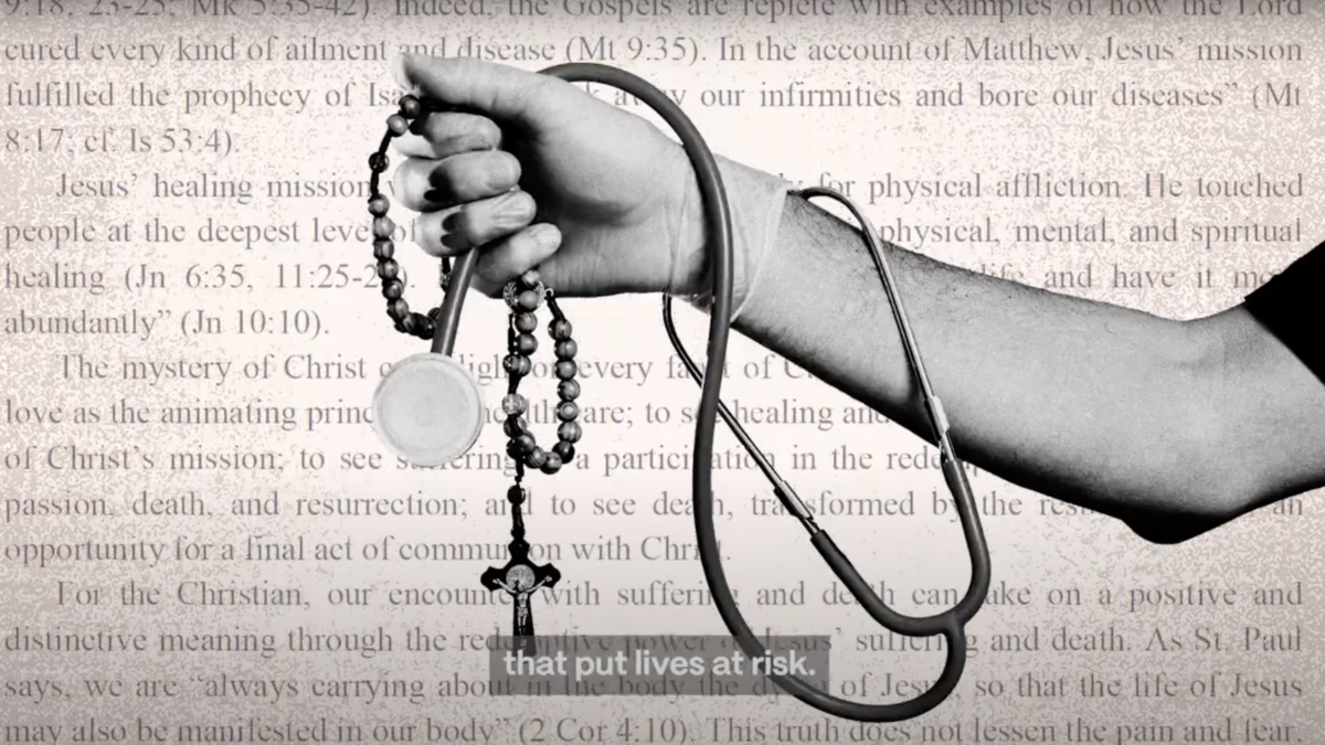 A person's arm is outstretched while wearing a medical glove and holding a stethoscope and rosary. In the background is assorted text from Catholic scripture.