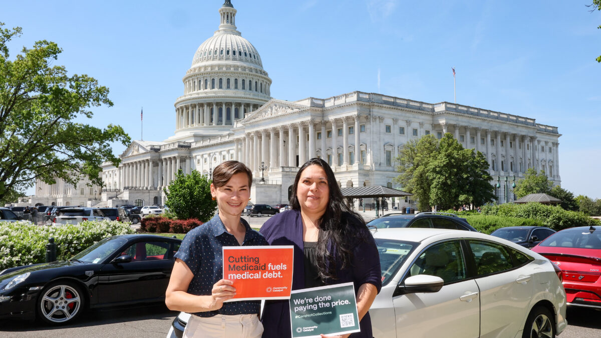 Two people pose in front of the Capitol in Washington, D.C. They are holding signs that read, "Cutting Medicaid fuels medical debt" and "We're done paying the price."