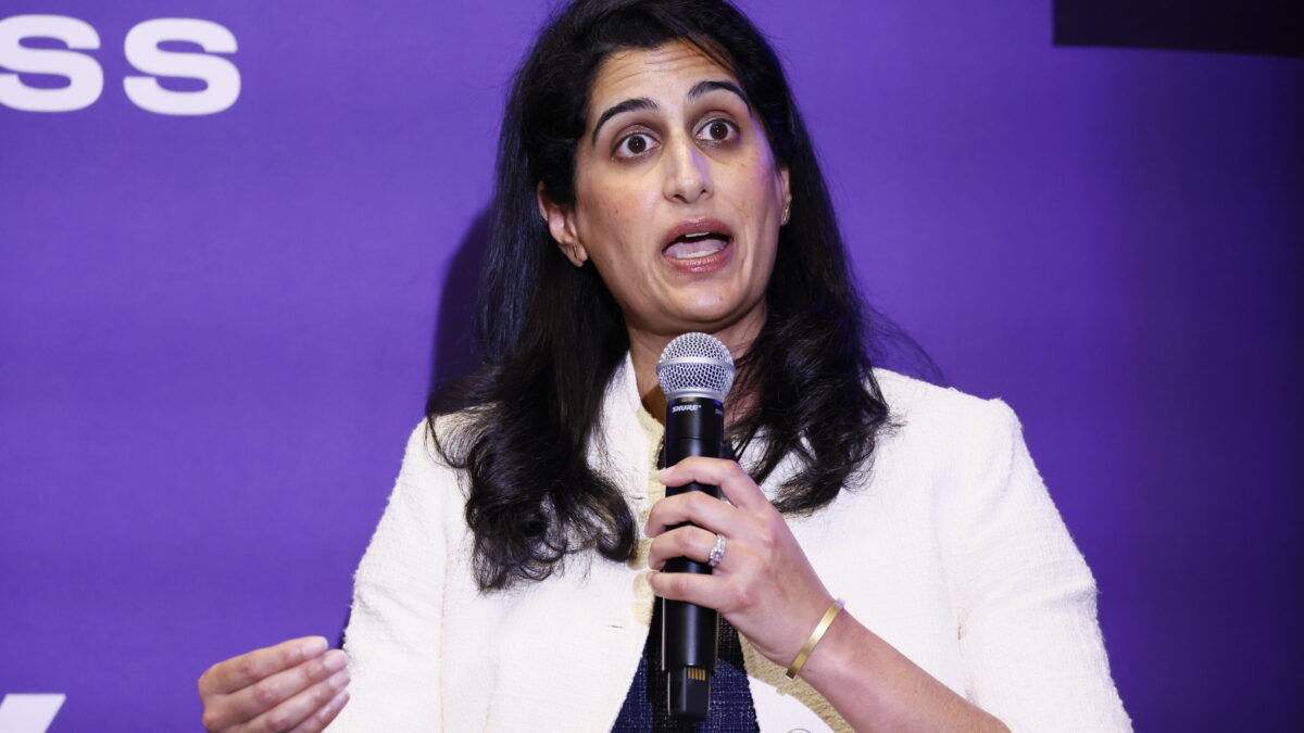 Community Catalyst Senior Director of Policy & Strategy Mona Shah speaks into a microphone in front of a purple wall.